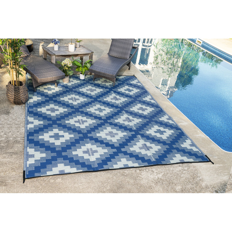 Outdoor Rug Recycled Plastic Straw Waterproof Patio - Foldable, Rectangle 9' x 12', Aztec - Blue Multi