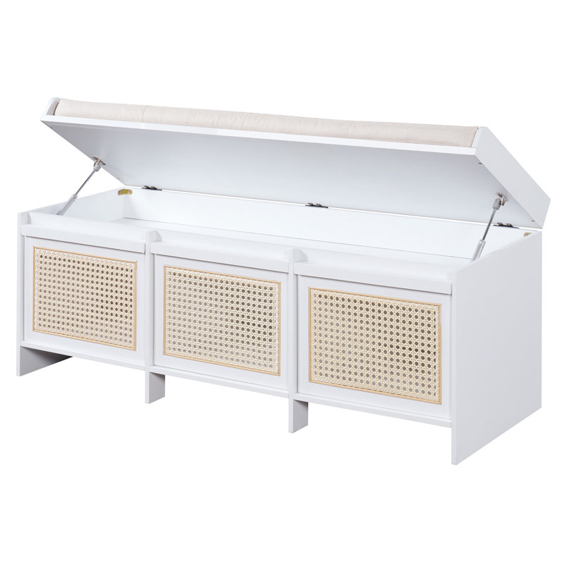 Banc de rangement pour chaussures 48 pouces avec tiroirs en rotin et coussin rembourré, Blanc