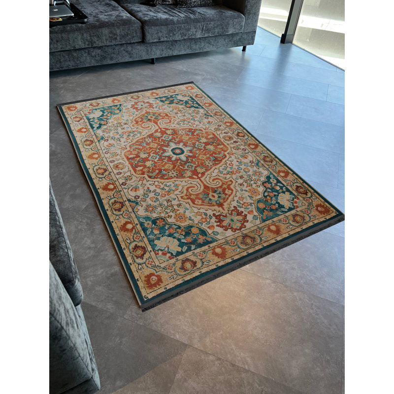 Tapis décoratif rétro à motifs bleus et orange, Rectangle 4 pi 11,06 po x 7 pi 6,55 po