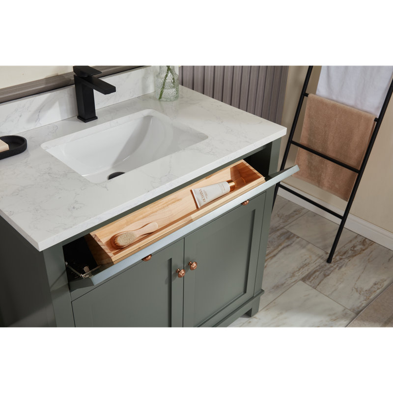 36" Solid Wood Sink Vanity With 1' Artificial Stone Top, Pewter Green, Rose Gold