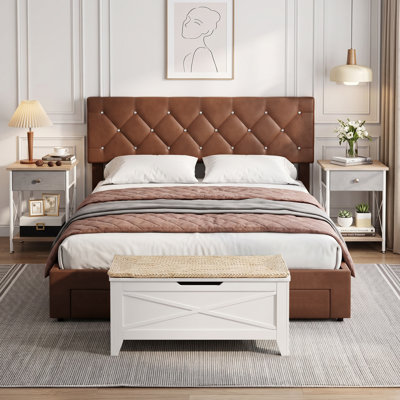 Ensemble de chambre à coucher moderne de 4, base de lit tapissier brun avec 2 tables de chevet en métal et banc de rangement en bois à plateau relevable, ensemble de mobilier de chambre complet