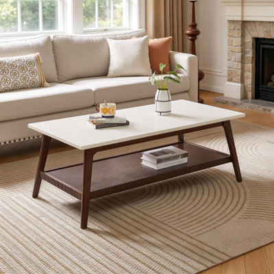 Mid-Century Modern Solid Rubber Wood Coffee Table - Two-Tone Rectangular Center Table with Storage Shelf