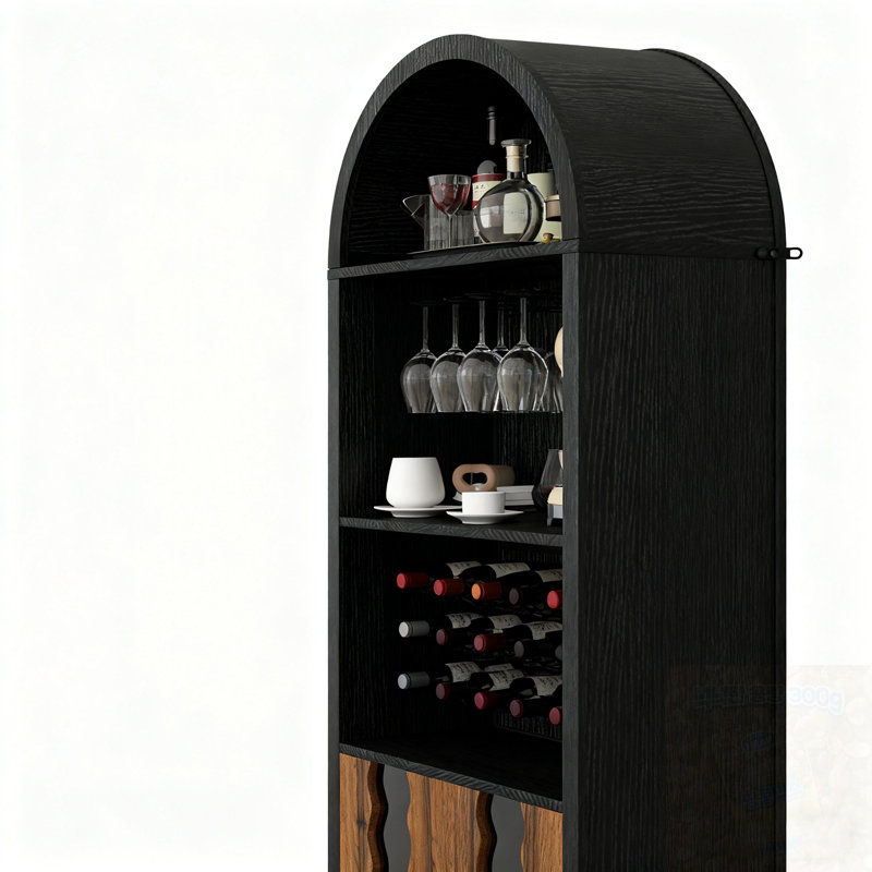 Bar arqué avec portes doubles, porte-bouteilles et porte-verres à vin, Noir / brun