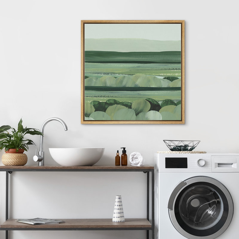 Green Abstract Landscape, 16" H x 16" W, Natural Floater Frame