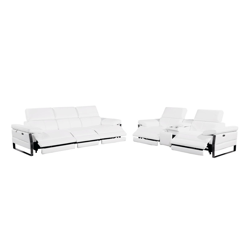 Ensemble de canapé modulaire inclinable électrique en cuir italien avec accoudoirs électriques et console, Blanc