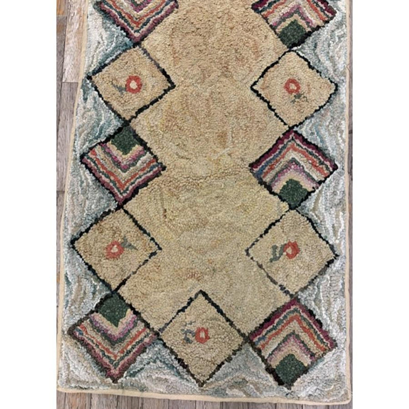 1880s Rustic Beige Open Field Folk Art Runnner Antique American Wool Hooked Rug 2'0" x 7'0"