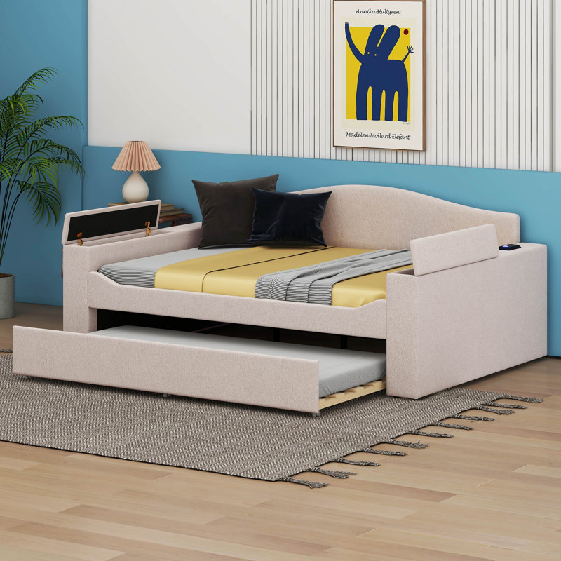 Everlina Full Size Upholstered Daybed with Storage Armrests, Trundle, Beige