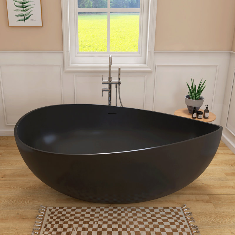 63'' Freestanding Bathtub Resin Stone Soaking Bathtub Solid Surface Modern Tubs with Overflow and Pop-up Drain, Black