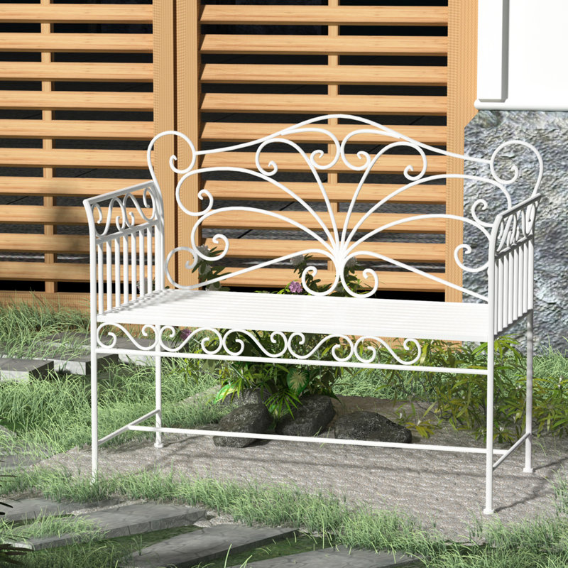 43" Garden Bench With , Outdoor Metal Patio In Cream White For Backyard, Poolside, Lawn, And Stylish Heavy Duty Bench, White, Fits Backyard