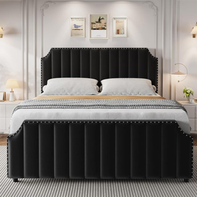 King Velvet Upholstered Platform Bed, Tall Headboard & Footboard, Nailhead Trim, Wood Slats, Black