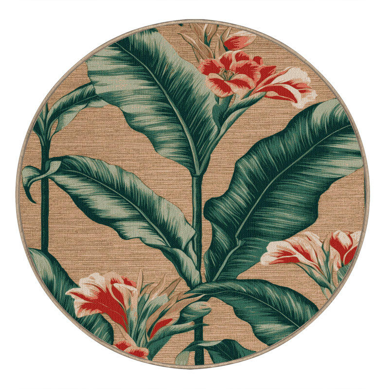 Machine Washable Botanical Beige Area Rug, Round 3'