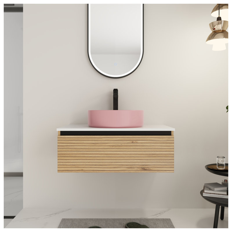 Meuble-lavabo mural 30 po avec finition café clair et lavabo en céramique rose