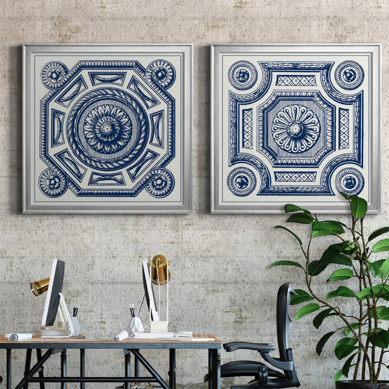 Indigo Medallion II - ensemble de 2 reproductions d'impressions, H 34,5 po x l 69 po x P 1,5 po, Toile avec cadre argenté