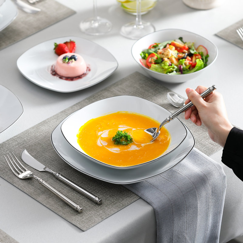 24 Pcs Porcelain Dinnerware Set, White Plate With Sliver Border, Service For 6 Person, Dinner Plate, Dessert Plate, Soup Plate And Bowl Set