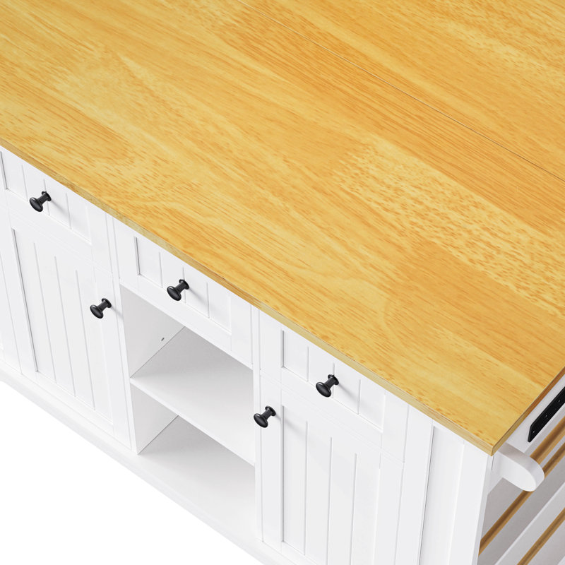 53Inch Large Kitchen Island With Drop Leaf, Power Outlet, Door Internal Storage Rack, Rolling Kitchen Cart On 5 Wheels With 5 Open Side Racks For Kitchen, Dining Room,White(Not Include Bar Stools)