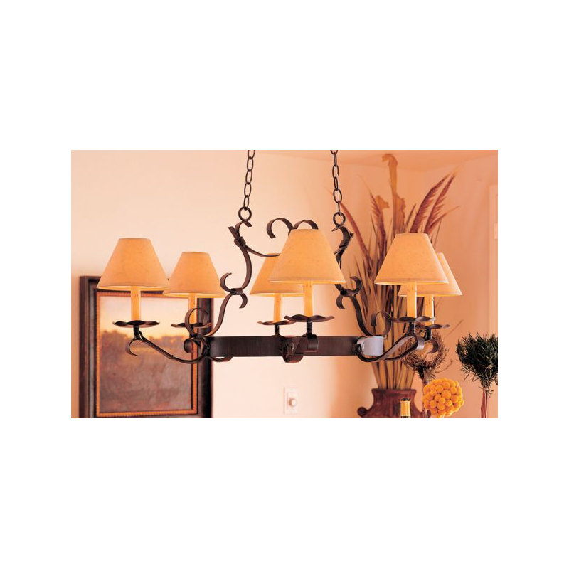 Handforged Oval 6 - Light Chandelier, Rustic Iron, Natural Linen