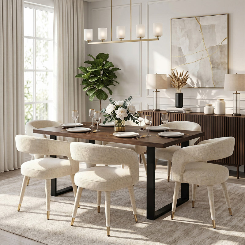 7-Piece Rectangular Dining Set With Chenille Arm Chairs, Oatmeal