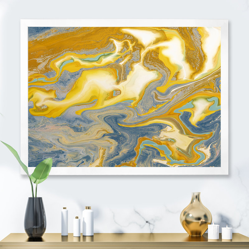 Jaune et bleu vagues de marbre I - peinture sur toile, H 30 po x l 40 po x P 1,5 po, Cadre photo blanc