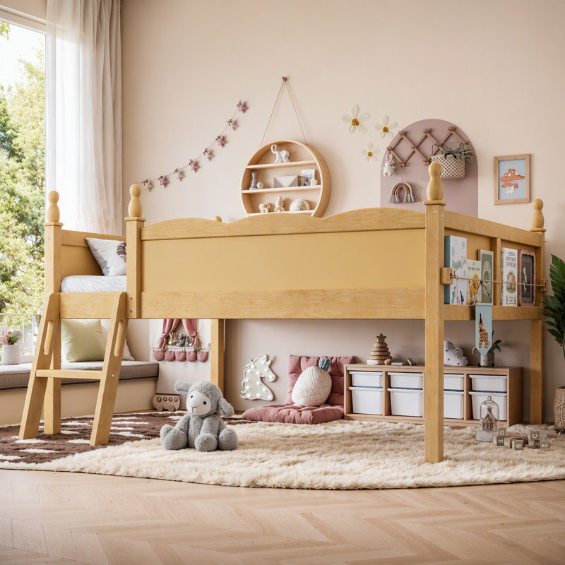 Lit mezzanine en bois avec barrières de sécurité, échelle et tablette de chevet, Double, Naturel