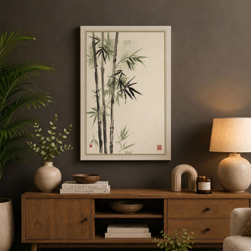 Bamboo in Silence Japandi - Wrapped Canvas, 30x20 - 76.2 x 50.8 cm, Taupe Border
