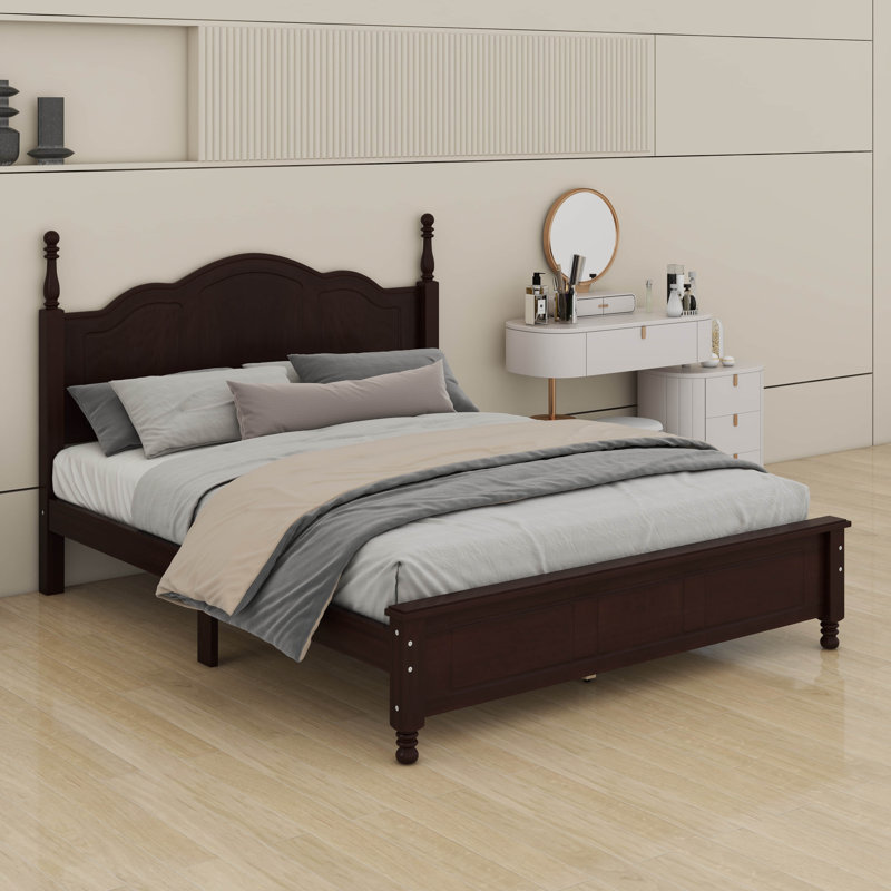 Lit plateforme, cadre de lit en bois de style rétro avec tête de lit, Grand lit, Noyer foncé