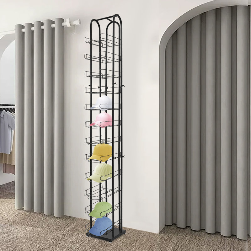 Présentoir à chapeaux autoportant à 12 niveaux, en fer, avec base rectangulaire et pieds réglables, idéal pour la maison et les magasins.