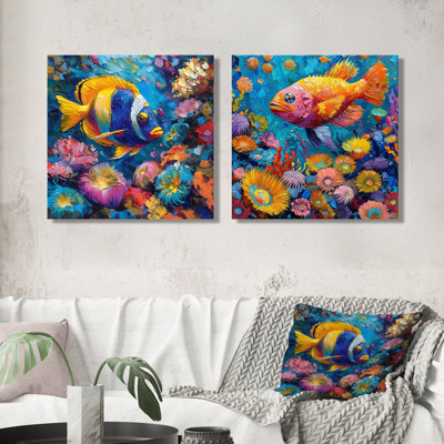 «Blue Yellow Tropical Fish Paradise I» par Sea Creatures, art mural moderne sur toile 2 pièces