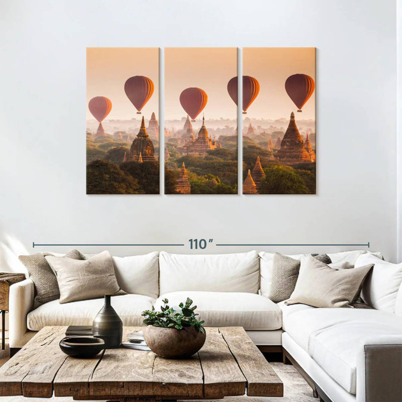 Ballons Mehar au-dessus des tempes de Bagan, H 48 po x l 74 po