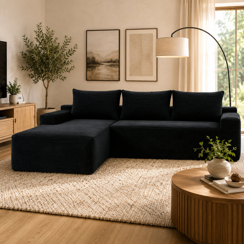 Canapé d'angle modulaire en forme de L Cloud noir de 246 cm avec méridienne, canapé profond en velours côtelé, aucun assemblage requis pour le salon et la chambre.
