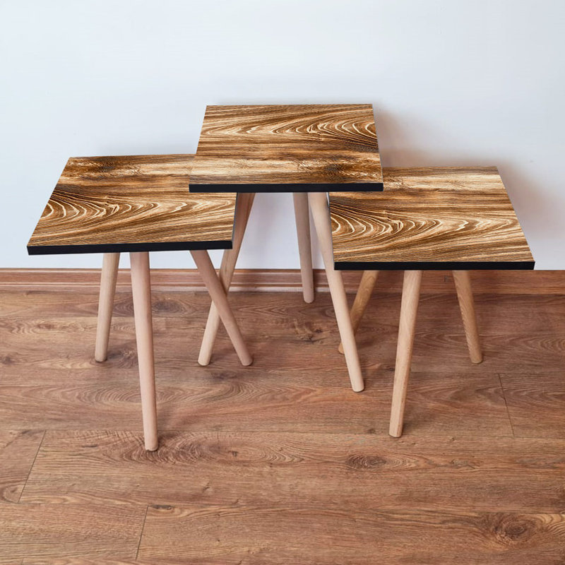 Modern Nesting Table Set (3 Pieces), Scandinavian Design, Brown | 100% MDF with Beech Wood Legs | Large Table: 13.8 x 20.5 x 13.8 in, Medium: 13.8 x 18.5 x 13.8 in, Small: 13.8 x 16.5 x 13.8 in | Stylish & Space-Saving Solution