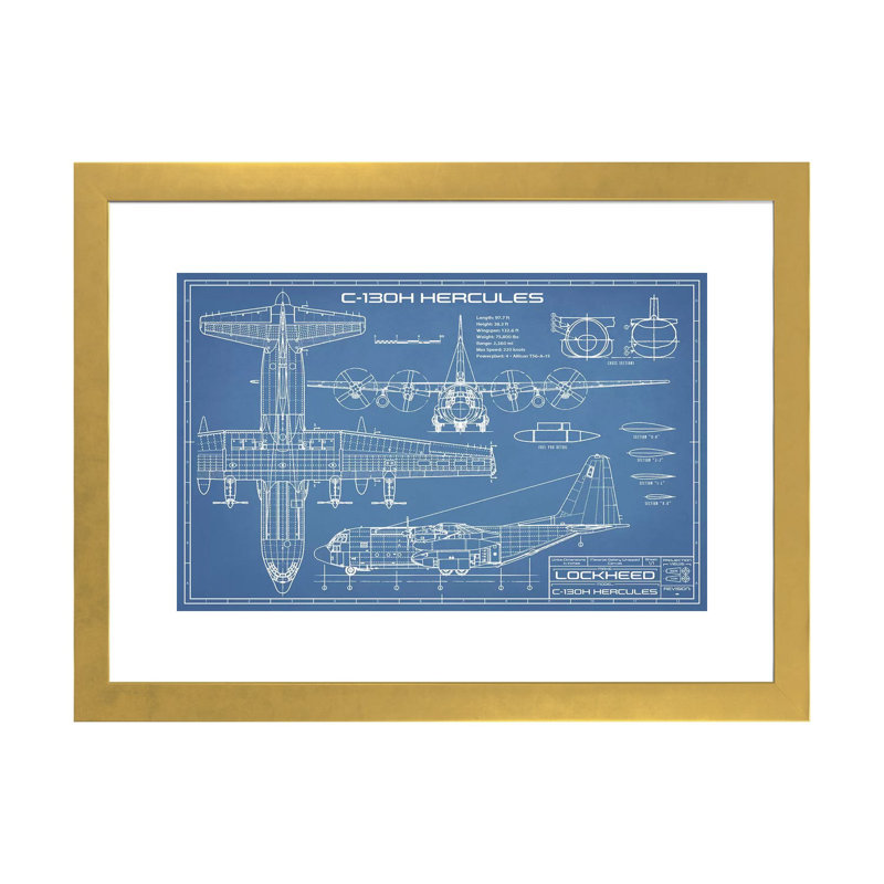 Blueprint d’avion C-130 Hercules-impression de dessin, Blanc, H 16 po x l 24 po x P 1 po, Papier encadré doré