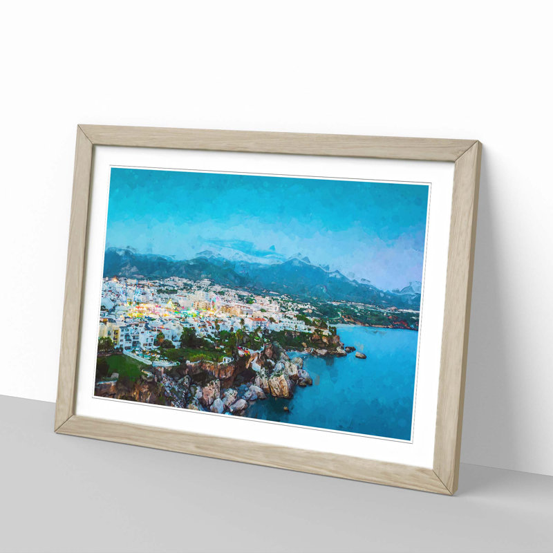 Skyline of Nerja in Spain in Abstract - Framed Print, Oak Framed, 62cm H x 87cm W x 2cm D