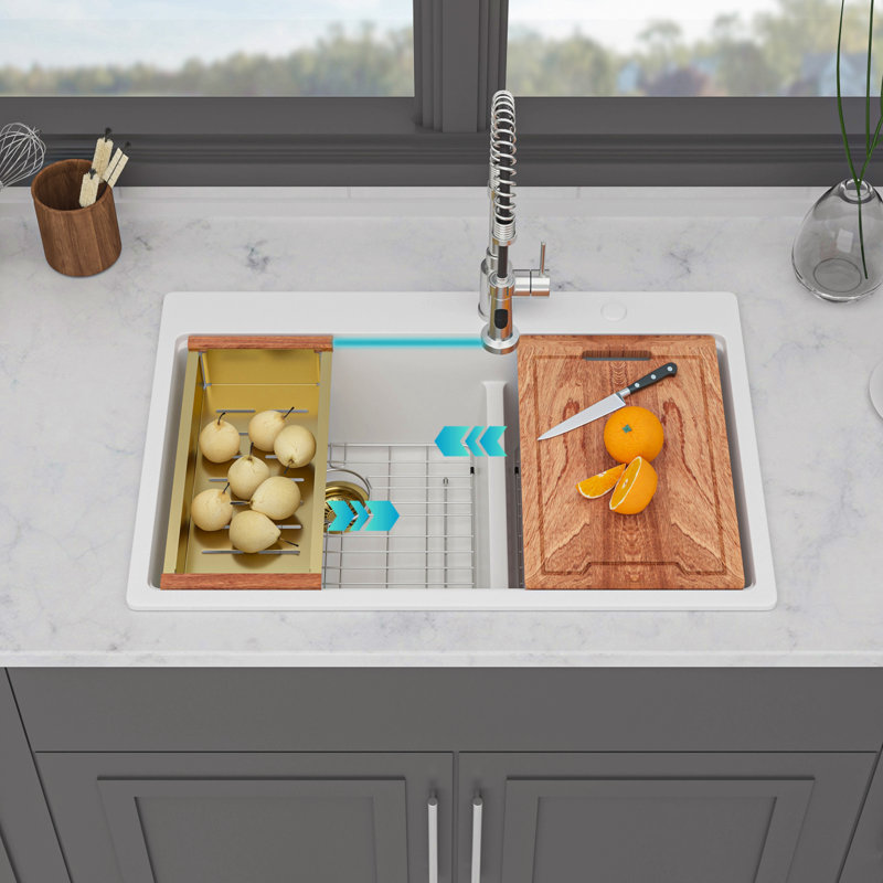 Quartz Kitchen Sink - 33" X 22" Granite Composite Double Bowl (60/40) Workstation Topmount Drop-In Kitchen Sink