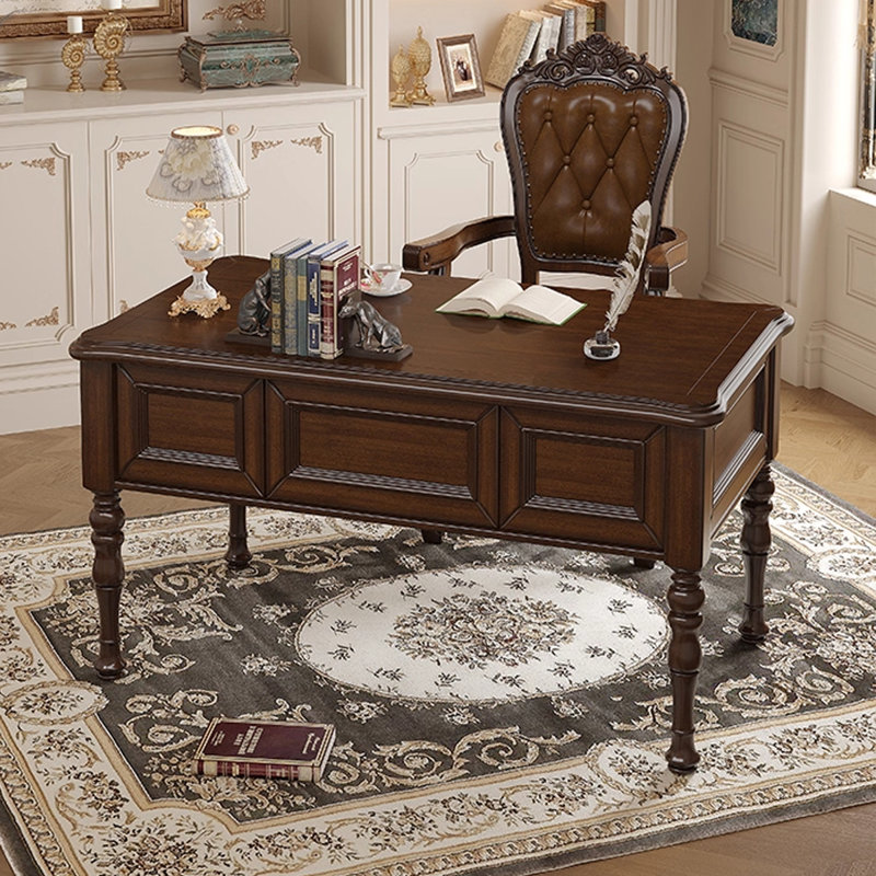 Bureau rectangulaire en bois massif brun noisette avec 5 tiroirs