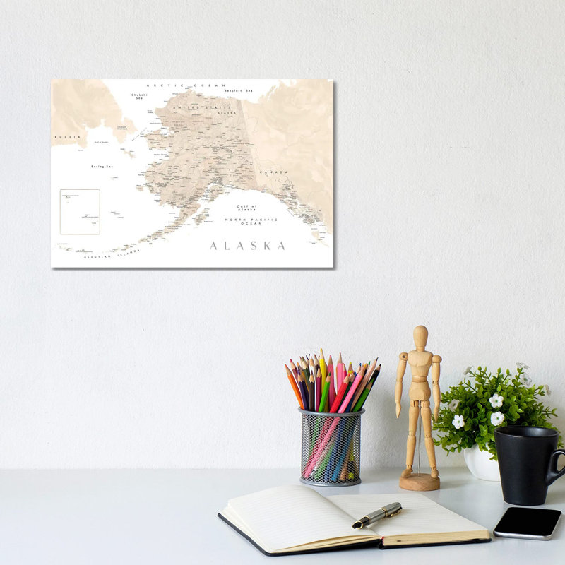 Neutral Watercolor Detailed Map Of Alaska by Blursbyai - Gallery-Wrapped Canvas Giclée on Canvas, 20.32 cm H x 30.48 cm W