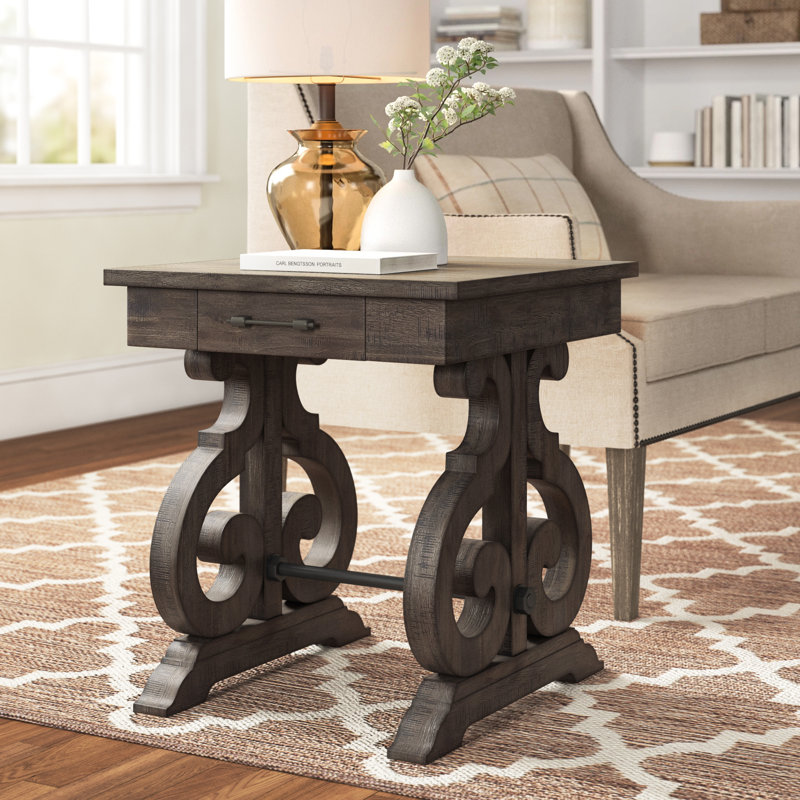 Amree Solid Wood End Table with Storage, Dark Ash