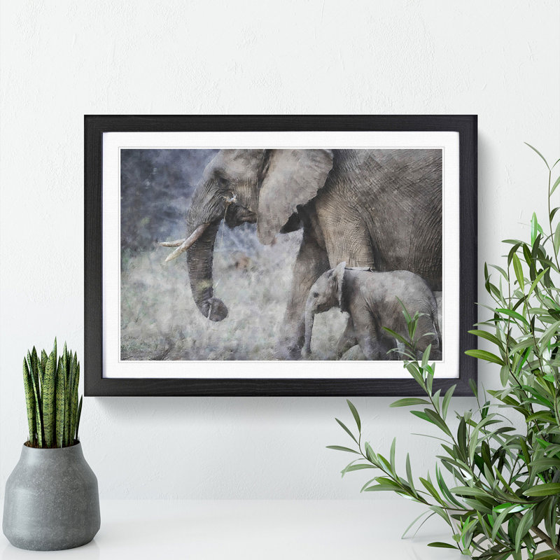 Mother and Baby Elephant Vol.1 - Framed Print, 36cm H x 48cm W x 2cm D, Black Framed