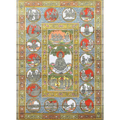 Bouddha «Life Story», peinture sur toile Tussar par Purna Chandra, art populaire de H 19 po x l 14 po, décoration spirituelle zen