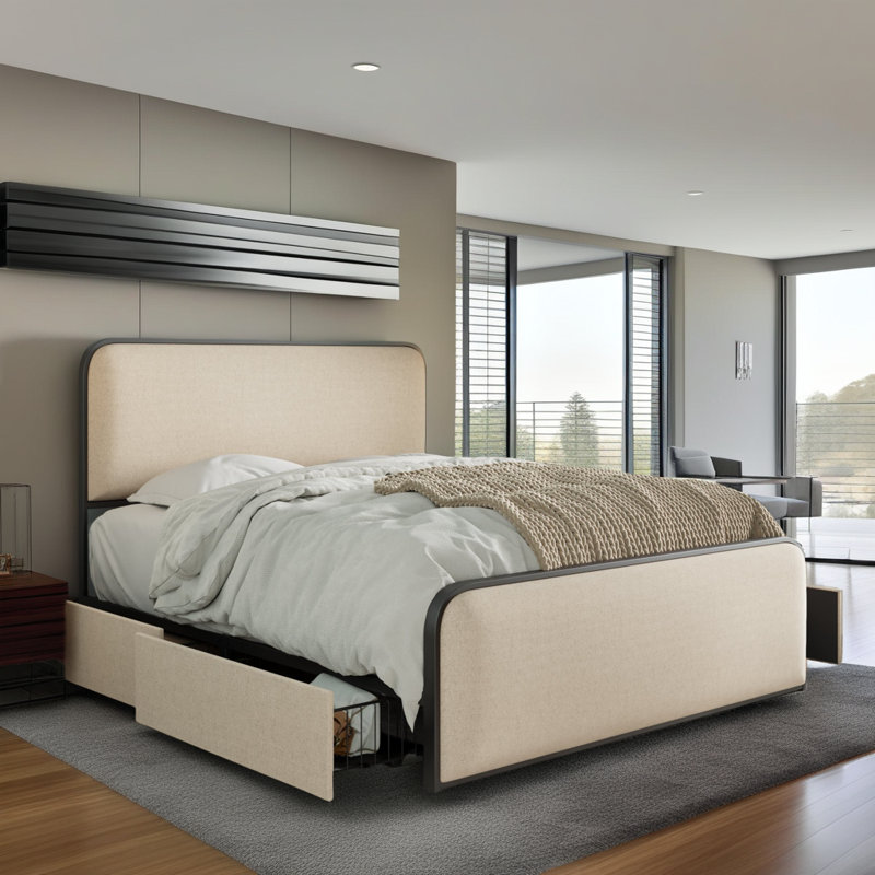 Modern Upholstered Bed with 4 Storage Drawers - Beige Linen Headboard, Heavy Duty Metal Frame, 800 lbs Capacity, King