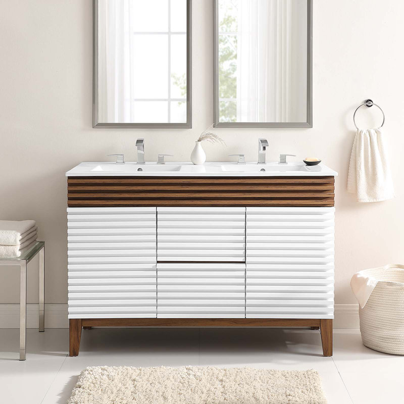 Render 48" White and Walnut Double Sink Bathroom Vanity