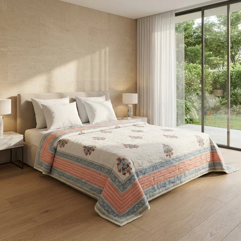 House of Avana Cream & Rose Pink Botanical Floral Jaipur Indian Hand Block Print Quilted Comforter, Queen