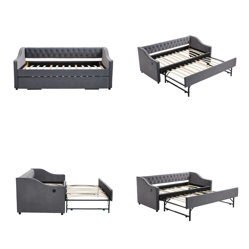 Velvet Daybed with Trundle, USB Port & Side Pockets | Button Tufted Back, Waved Arms with Piping | Space‑Saving Sofa Bed for Bedroom, Guest Room, or Living Room