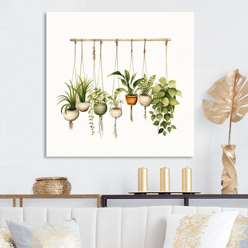 Plantes suspendues aquarelle botanique bohème, H 24 po x l 24 po x P 1 po, Toile tendue