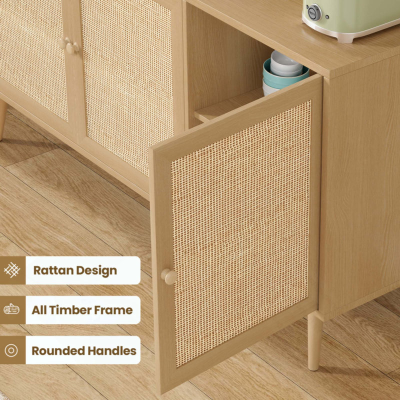 Sideboard Buffet Cabinet With 3 Rattan Doors,Modern Kitchen Storage Console Cabinet For Entryway Living Room, Natural