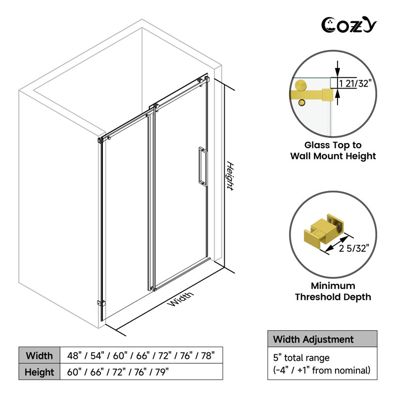 72-77" W x 60" H Frameless Single Sliding Tub Door with 3/8" (10mm) Clear Tempered Glass, Shatter-Resistant Film & Installation Hole Locator - Square Top Rail