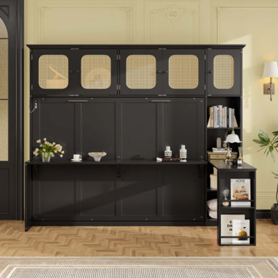 Murphy Bed with Desk and Rattan Cabinets, Space-Saving Wall Bed for Home Office
