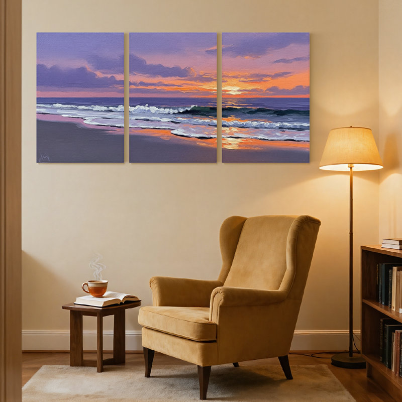 Nautical & Beach Sunset Ocean Waves Sky Clouds Sand Reflection Set of 3 Canvas Wall Art Prints, 18" H x 36" W