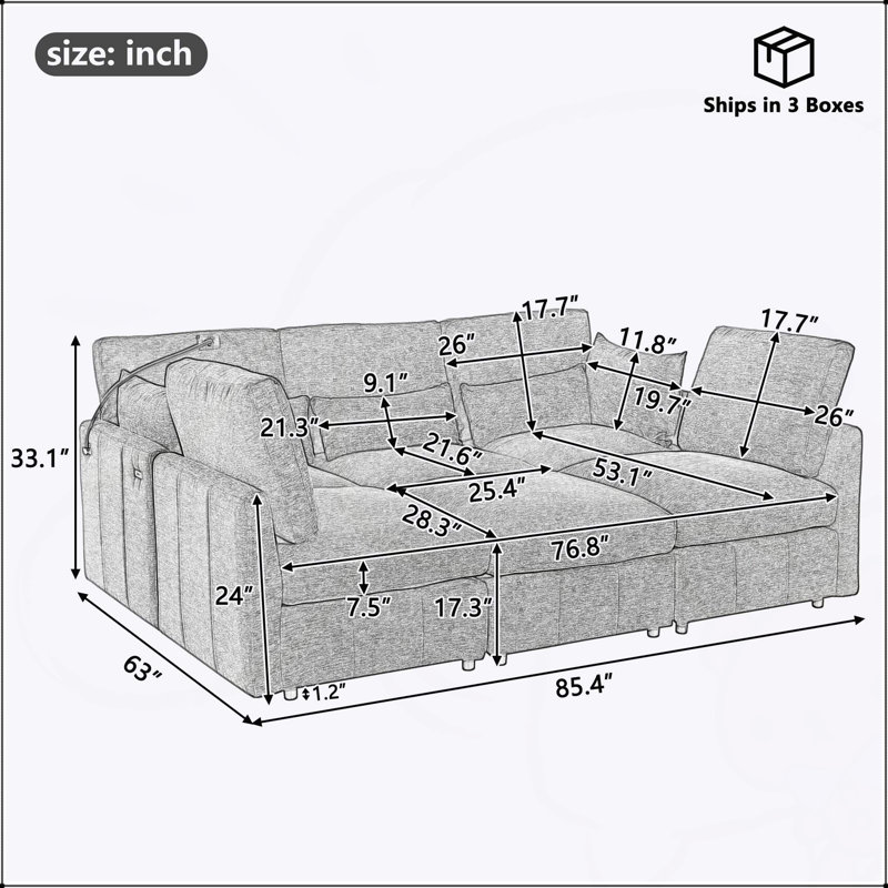 Canapé modulaire moderne en forme de U et en L avec repose-pieds mobile, ports USB et support de téléphone pour un salon flexible