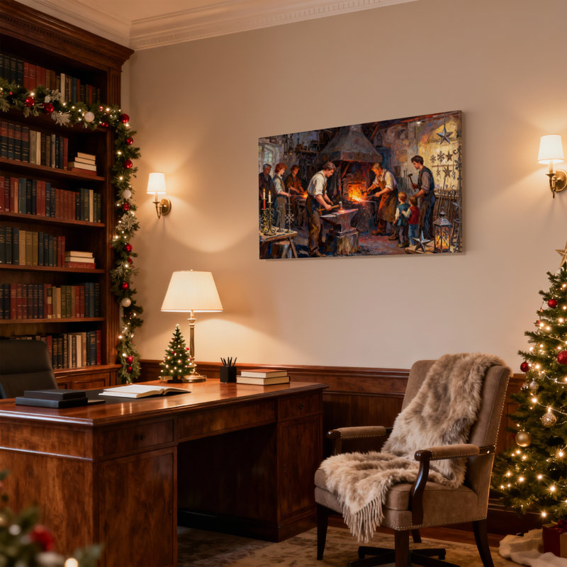 Scène d'atelier de Noël avec ouvriers et enfants, ensemble de 3 impressions sur toile, H 16 po x l 24 po