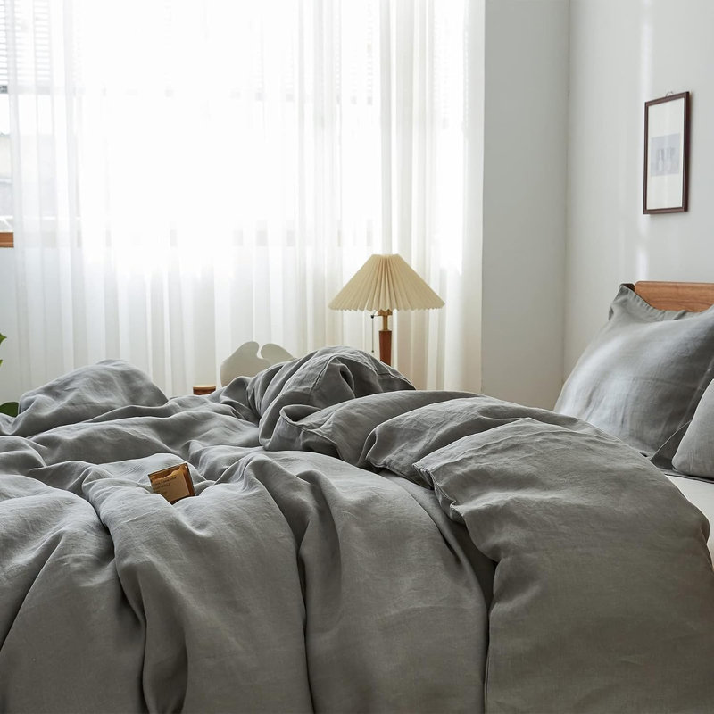 Ensemble de housse de couette 100% lin, Housse de couette grand + 2 taies d'oreiller, Gris colombe